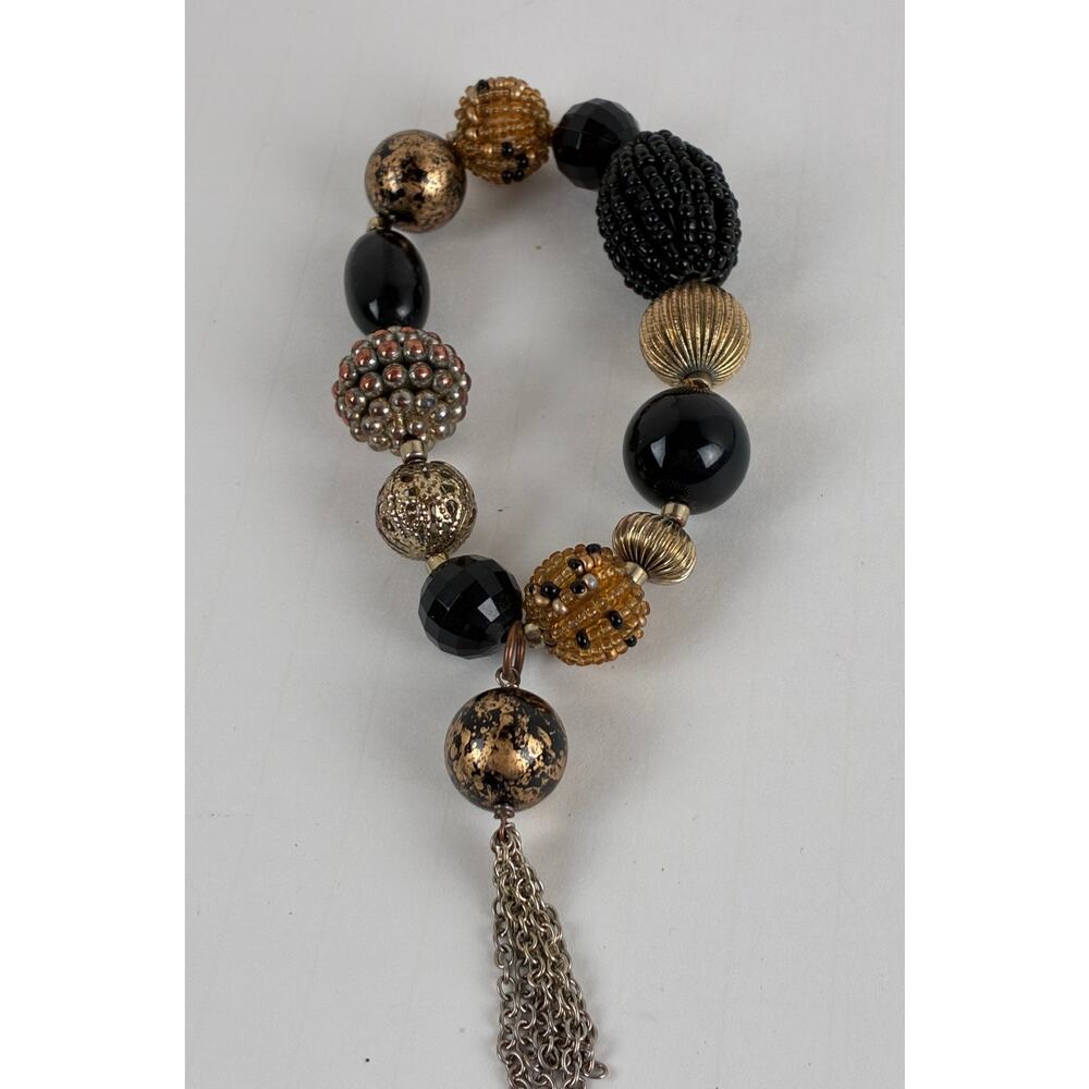 Bracelet Chico's Chunky Beads Black Acrylic Stones Gold Striated Balls Tassel
